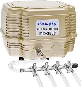 Pawfly 254 GPH Aquarium Air Pump Adjustable Quiet Oxygen Aerator Pump with Multi-Port Air Flow Control Lever Valve Splitter and Airline Tubing for Fish Tanks Ponds and DWC Systems Up to 300 Gallons