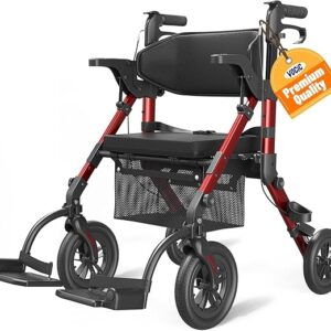 VOCIC Walkers for Seniors, Wheelchairs for Adults, Rollator Walker with Seat, 2 in 1 Rollator Transport Chair with Brakes, Rollator Lightweight Foldable, Walker Wheelchair Combo