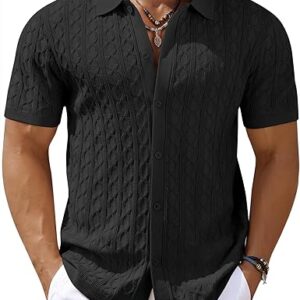 COOFANDY Men's Knit Short Sleeve Shirts Button Down Vintage Knitted Polo Shirt Casual Beach Crochet Cable Vacation Shirt