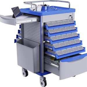Medication Bins Cart with 200 Bins, 10 Drawers, Hidden Sub Workbench - Dual-Sided Open, 50 Medicine Boxes, Silent Casters, Container, 2 Trash Bin-Medical Crash Cart for Clinic, Hospital and Lab