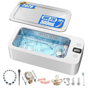 Ultrasonic Jewelry Cleaner,50Khz Ultrasonic Cleaner Machine,17oz 316SUS Tank,5 Cleaning Modes,Suitable for Jewelry, Eyeglasses, Rings, Watch Bands